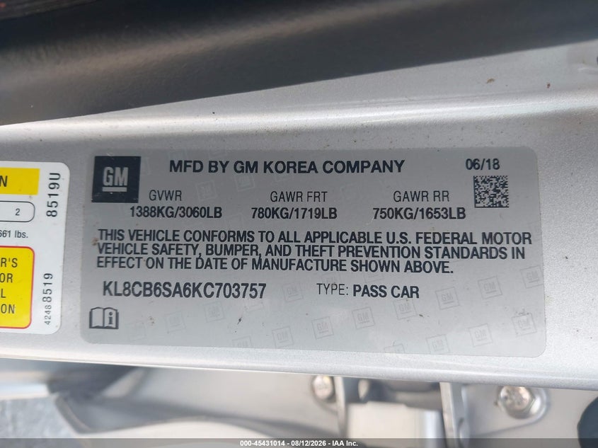 CHEVROLET SPARK 2019 VIN KL8CB6SA6KC703757