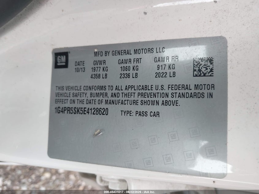 2014 Buick Verano Convenience Group VIN: 1G4PR5SK5E4128620 Lot: 45431017