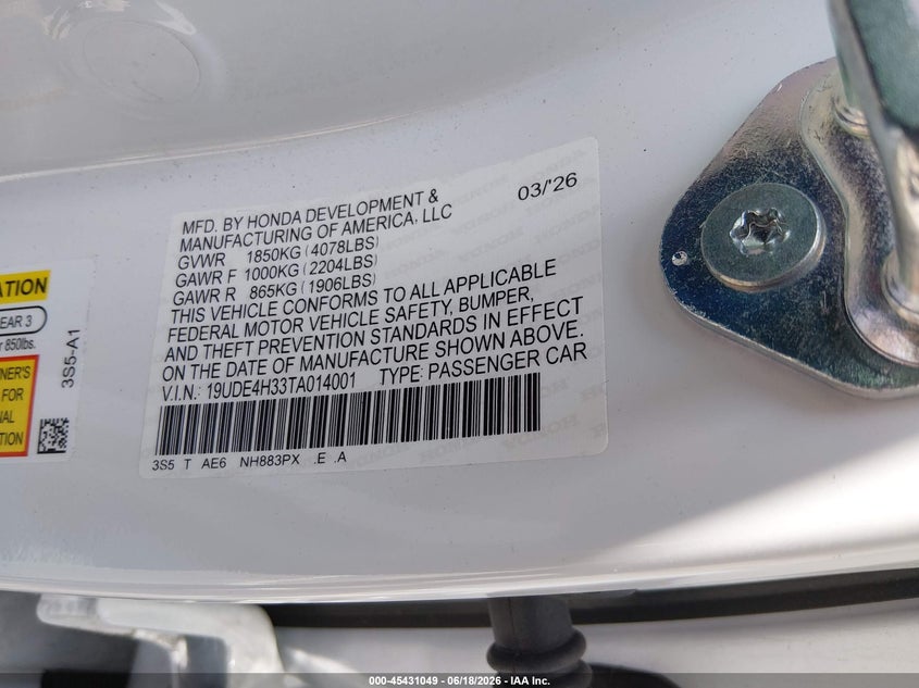 2026 Acura Integra A-Spec VIN: 19UDE4H33TA014001 Lot: 45431049