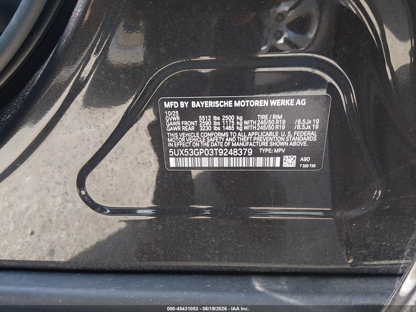 2026 BMW X3 30 xDrive VIN: 5UX53GP03T9248379 Lot: 45431053
