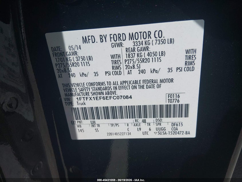 2014 Ford F-150 Fx4/Lariat/Stx/Xl/Xlt VIN: 1FTFX1EF6EFC07084 Lot: 45431059