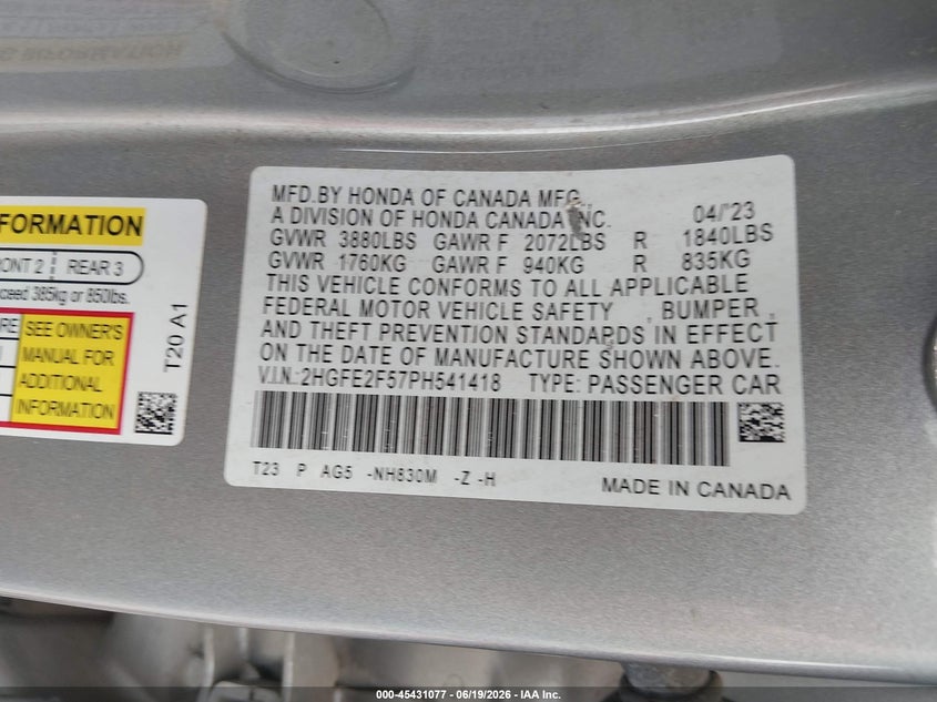 2023 Honda Civic Sport VIN: 2HGFE2F57PH541418 Lot: 45431077