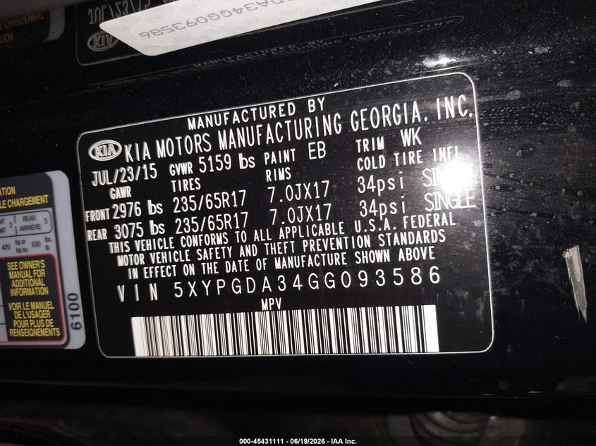 2016 KIA SORENTO SPORT UTILITY VEHICLE 2.4L I-4 DI, DOHC, VVT, 185HP