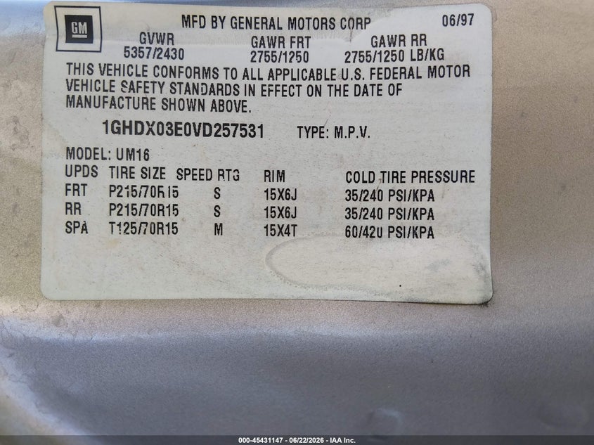 1997 Oldsmobile Silhouette Gl VIN: 1GHDX03E0VD257531 Lot: 45431147