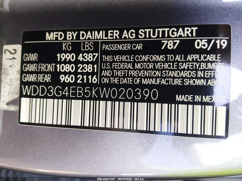 2019 Mercedes-Benz A 220 VIN: WDD3G4EB5KW020390 Lot: 45431207