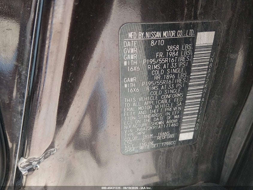 2010 Nissan Cube 1.8Sl VIN: JN8AZ2KR1AT171460 Lot: 45431225