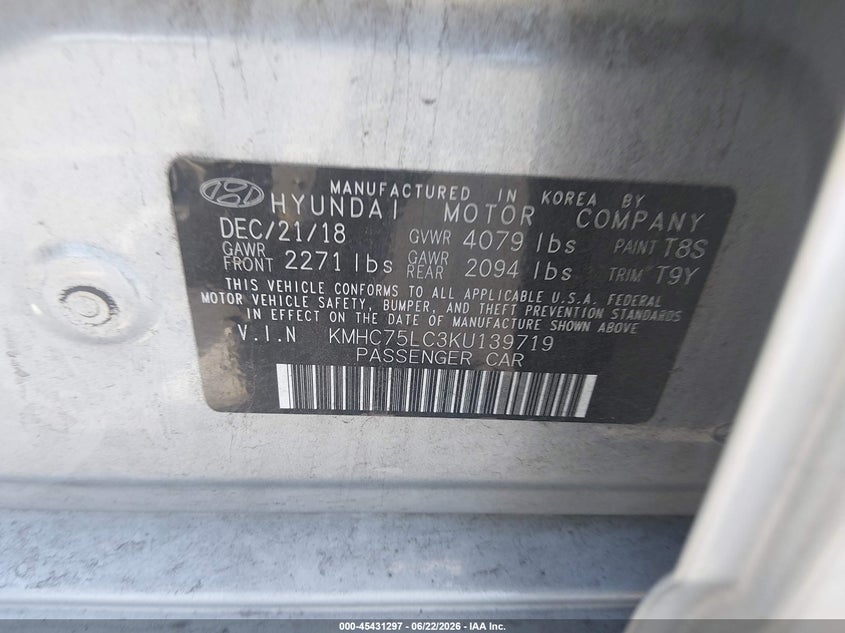 2019 Hyundai Ioniq Hybrid Sel VIN: KMHC75LC3KU139719 Lot: 45431297