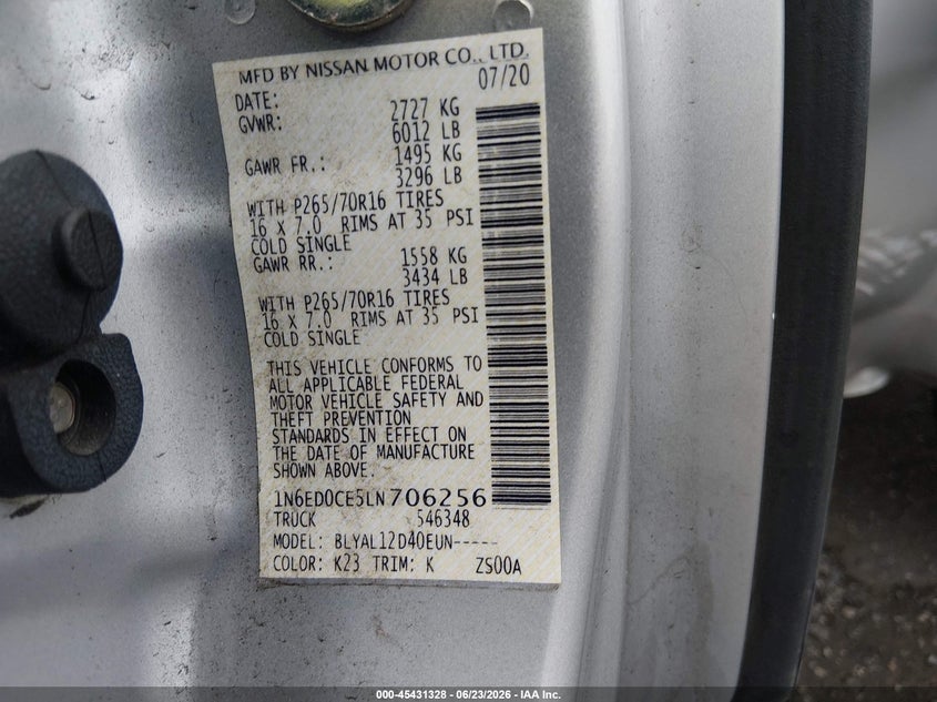 NISSAN FRONTIER 2020 VIN 1N6ED0CE5LN706256