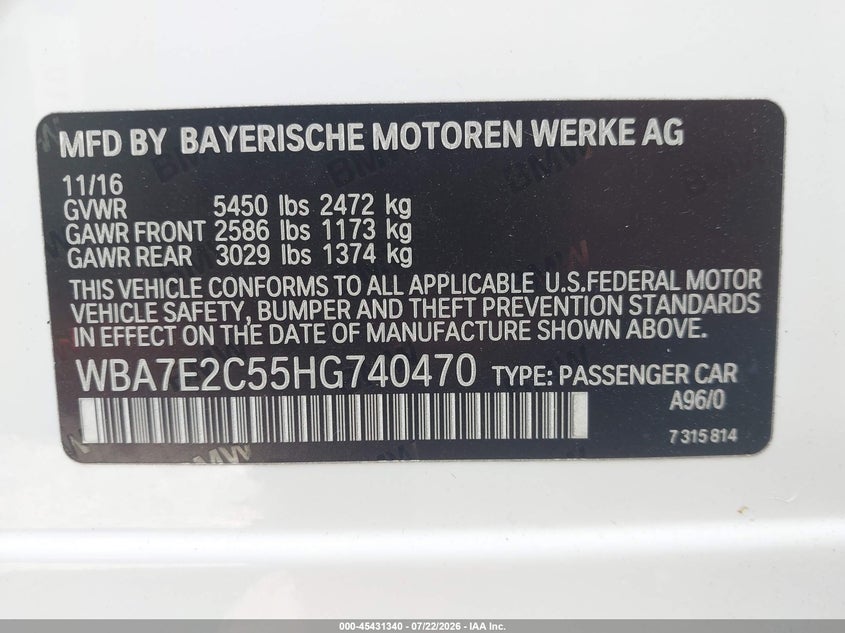 BMW 740I 2017 VIN WBA7E2C55HG740470