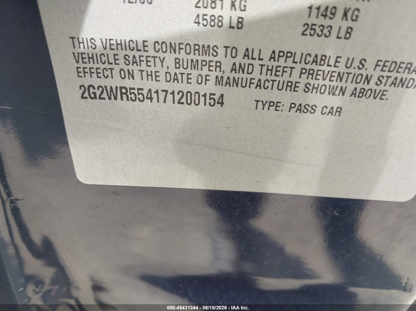 2007 Pontiac Grand Prix Gt VIN: 2G2WR554171200154 Lot: 45431344