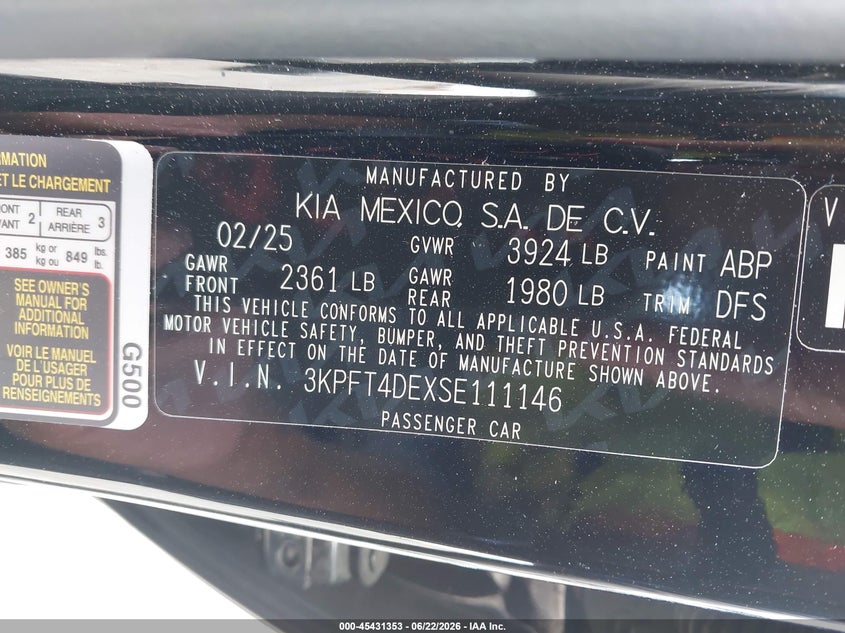 KIA K4 2025 VIN 3KPFT4DEXSE111146