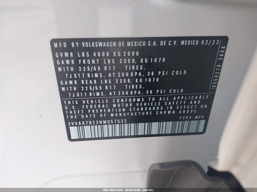 2022 Volkswagen Taos 1.5T S VIN: 3VVAX7B23NM057533 Lot: 45431389