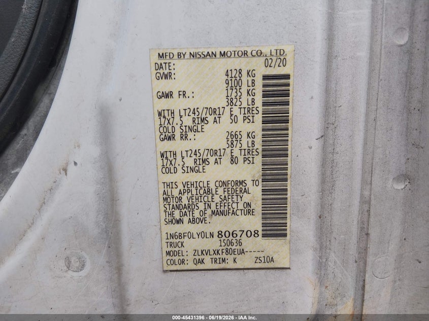 2020 Nissan Nv Cargo Nv2500 Hd Sv High Roof V6 VIN: 1N6BF0LY0LN806708 Lot: 45431396