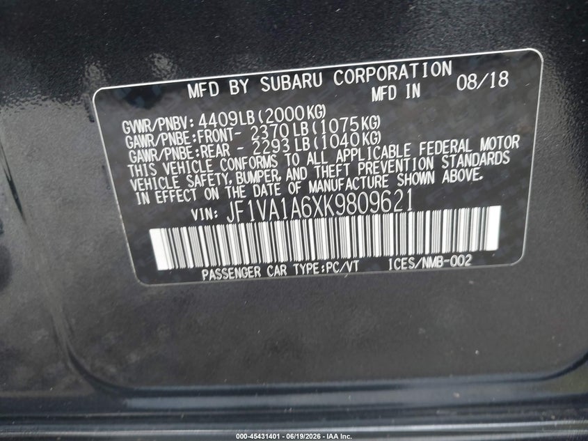 SUBARU WRX 2019 VIN JF1VA1A6XK9809621