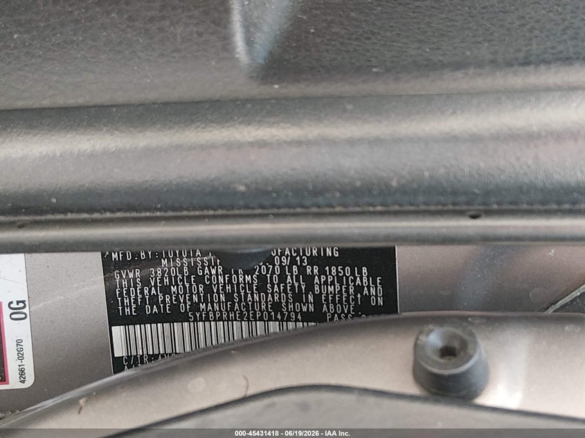 2014 Toyota Corolla Le Eco Plus VIN: 5YFBPRHE2EP014794 Lot: 45431418