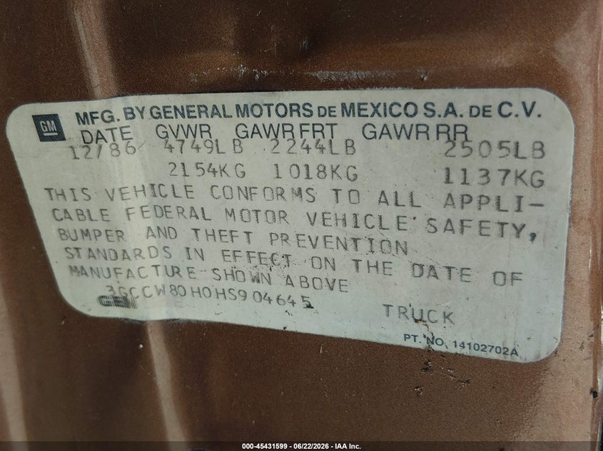 1987 Chevrolet El Camino VIN: 3GCCW80H0HS904645 Lot: 45431599