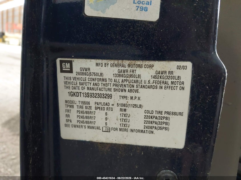 2003 GMC Envoy Sle VIN: 1GKDT13S932303299 Lot: 45431634
