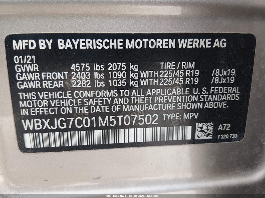 2021 BMW X1 Sdrive28I VIN: WBXJG7C01M5T07502 Lot: 45431671