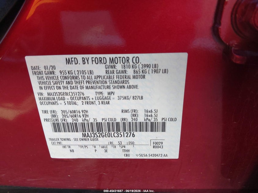 2020 Ford Ecosport Se VIN: MAJ3S2GE0LC351276 Lot: 45431687