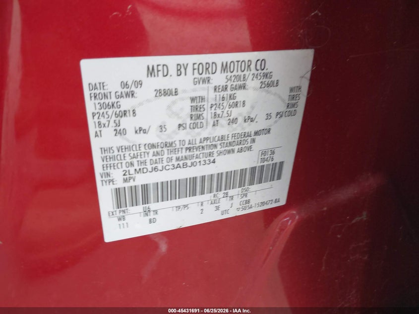 2010 Lincoln Mkx VIN: 2LMDJ6JC3ABJ01334 Lot: 45431691