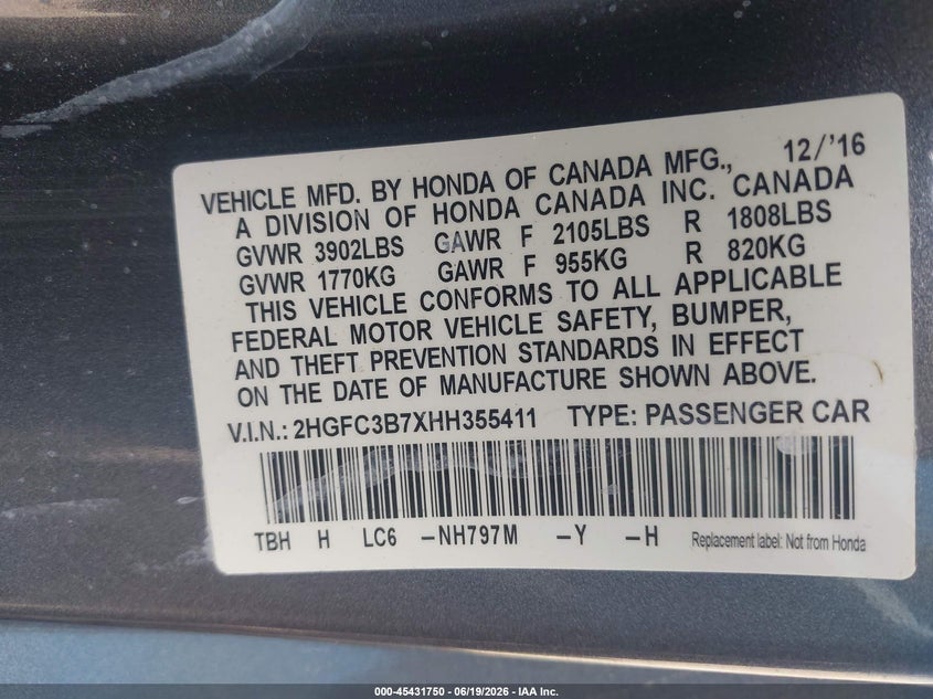 2017 HONDA CIVIC COUPE 1.5L I-4 DI, DOHC, VVT, TURBO, 174HP