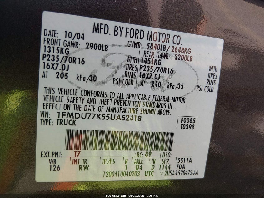 2005 Ford Explorer Sport Trac Adrenalin/Xls/Xlt VIN: 1FMDU77K55UA52418 Lot: 45431780