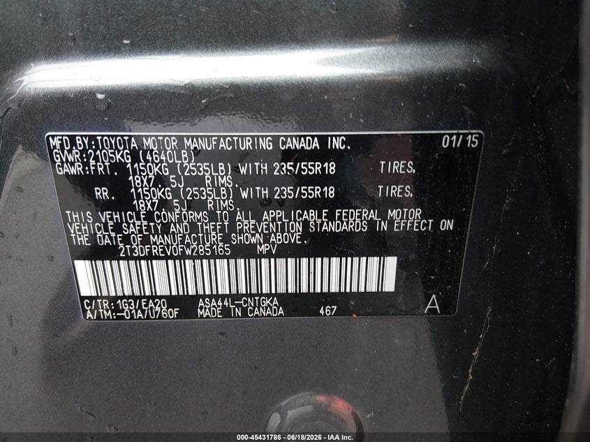 2015 TOYOTA RAV 4 SPORT UTILITY VEHICLE 2.5L I-4 DOHC, VVT, 176HP