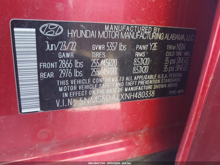 2022 Hyundai Santa Fe Calligraphy VIN: 5NMS5DALXNH480338 Lot: 45431794
