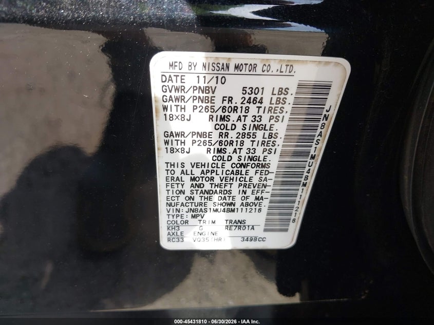2011 Infiniti Fx35 VIN: JN8AS1MU4BM111216 Lot: 45431810
