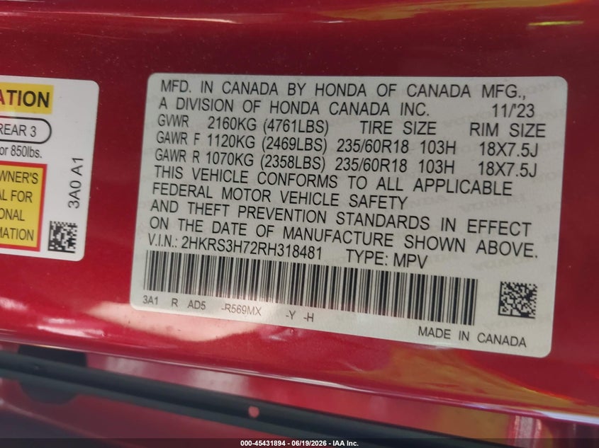 2024 Honda Cr-V Ex-L 2Wd VIN: 2HKRS3H72RH318481 Lot: 45431894