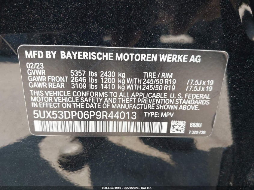 BMW X3 2023 VIN 5UX53DP06P9R44013