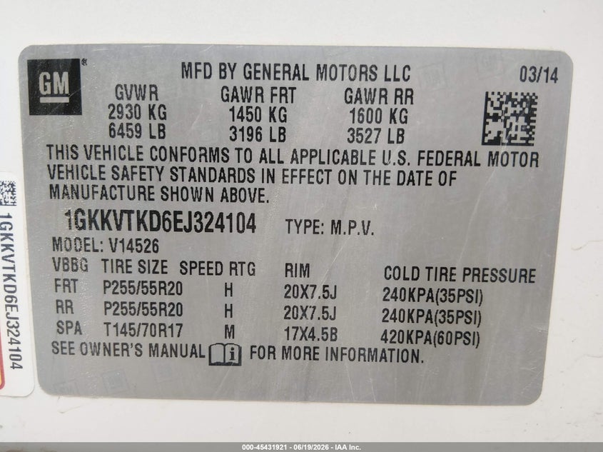2014 GMC Acadia Denali VIN: 1GKKVTKD6EJ324104 Lot: 45431921
