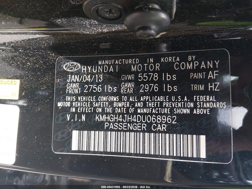 2013 Hyundai Equus Signature VIN: KMHGH4JH4DU068962 Lot: 45431950