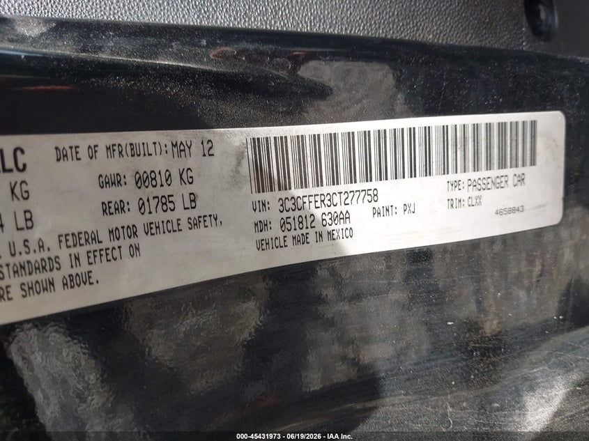 2012 Fiat 500C Lounge VIN: 3C3CFFER3CT277758 Lot: 45431973