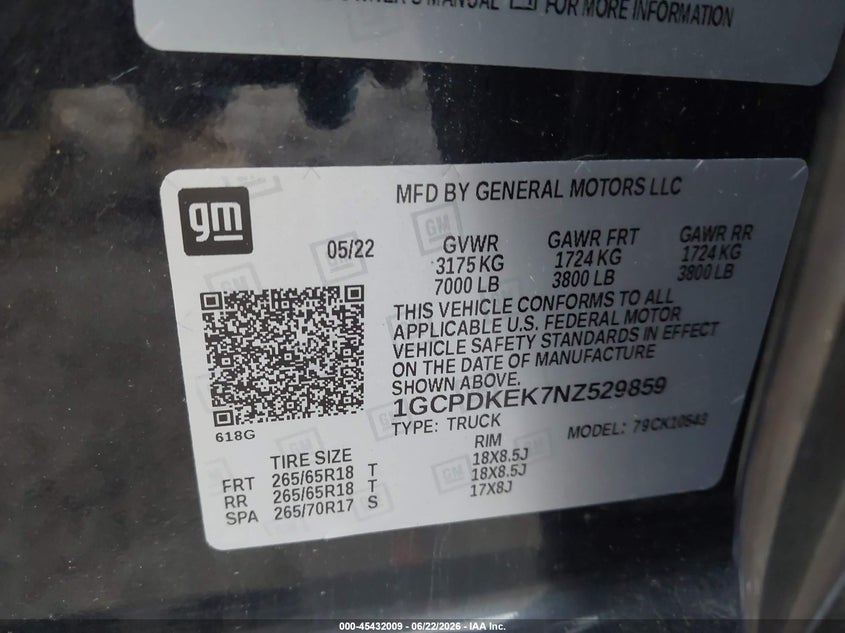 CHEVROLET SILVERADO 1500 2022 VIN 1GCPDKEK7NZ529859