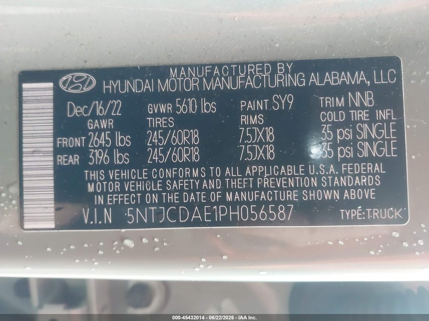 2023 Hyundai Santa Cruz Sel VIN: 5NTJCDAE1PH056587 Lot: 45432014