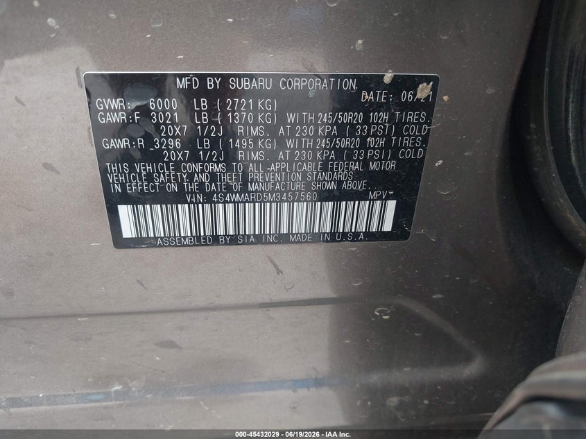 SUBARU ASCENT 2021 VIN 4S4WMARD5M3457560