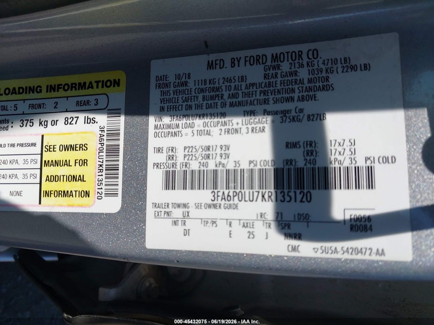 2019 Ford Fusion Hybrid Se VIN: 3FA6P0LU7KR135120 Lot: 45432075