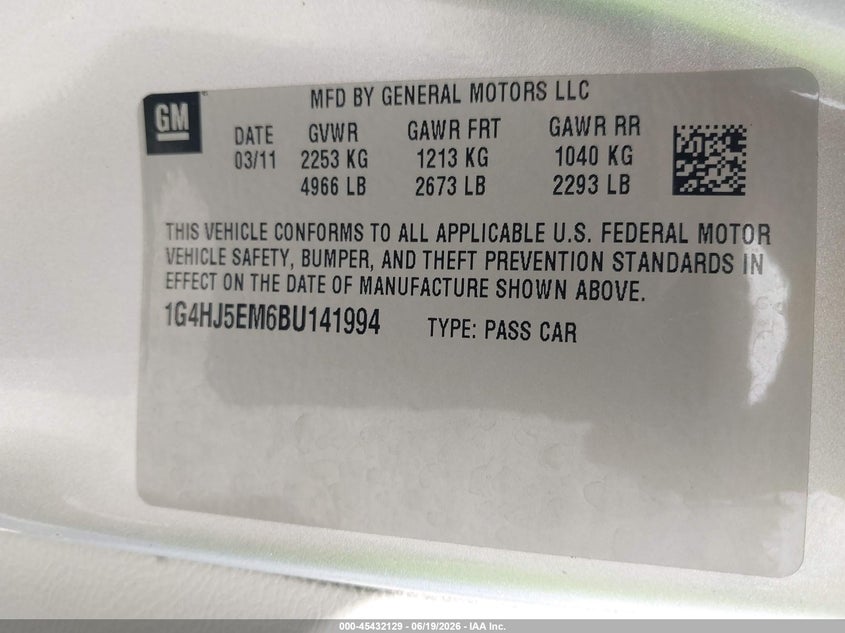 2011 Buick Lucerne Cxl Premium VIN: 1G4HJ5EM6BU141994 Lot: 45432129