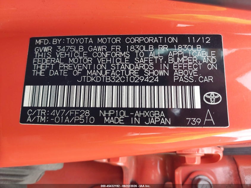 2012 Toyota Prius C Three VIN: JTDKDTB32C1029424 Lot: 45432192