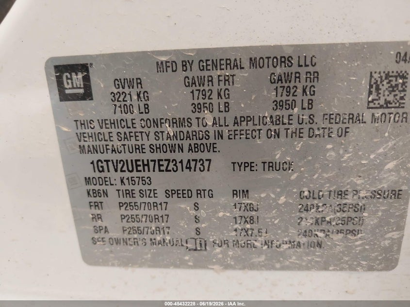 GMC SIERRA 1500 2014 VIN 1GTV2UEH7EZ314737