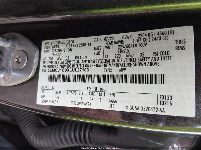 2020 Lincoln Corsair Standard VIN: 5LMCJ1C9XLUL27103 Lot: 45432369