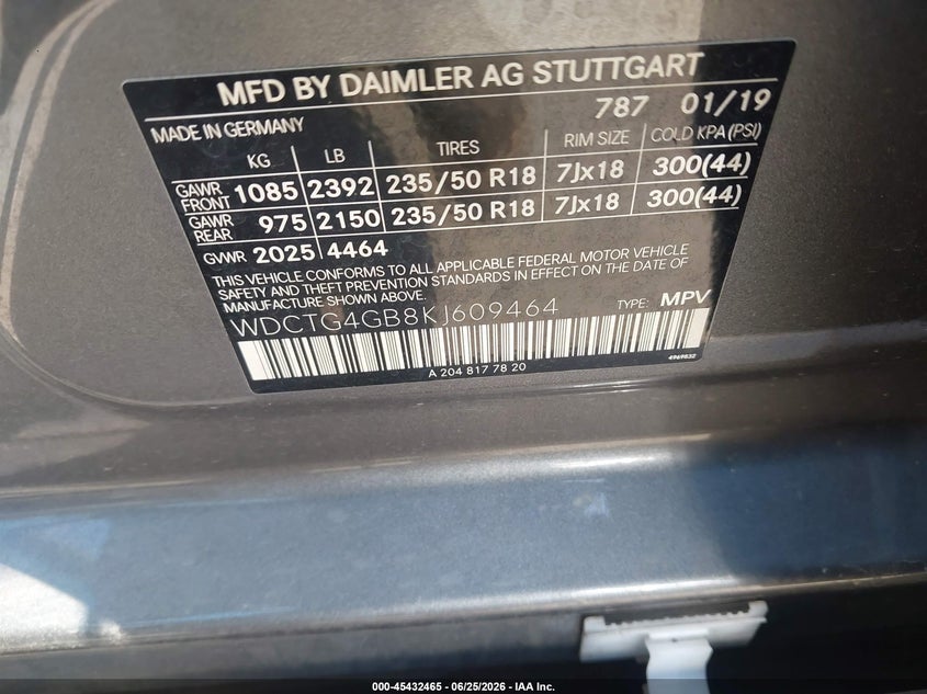 2019 Mercedes-Benz Gla 250 4Matic VIN: WDCTG4GB8KJ609464 Lot: 45432465