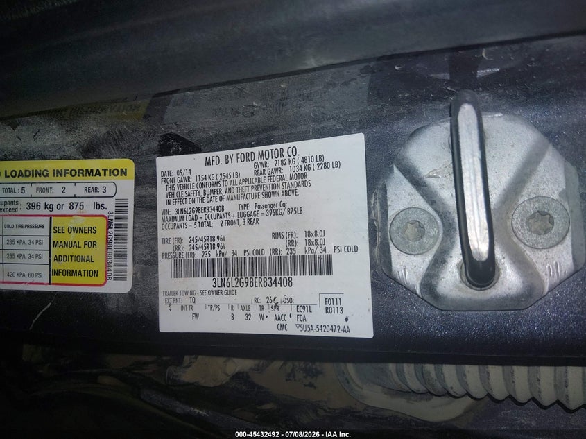 2014 Lincoln Mkz VIN: 3LN6L2G98ER834408 Lot: 45432492