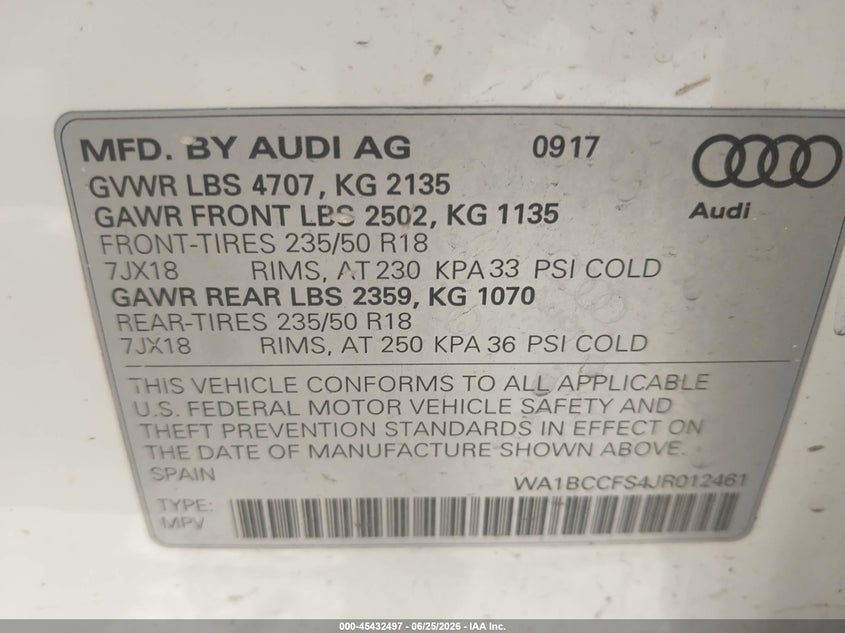 2018 Audi Q3 2.0T Premium/2.0T Sport Premium VIN: WA1BCCFS4JR012461 Lot: 45432497