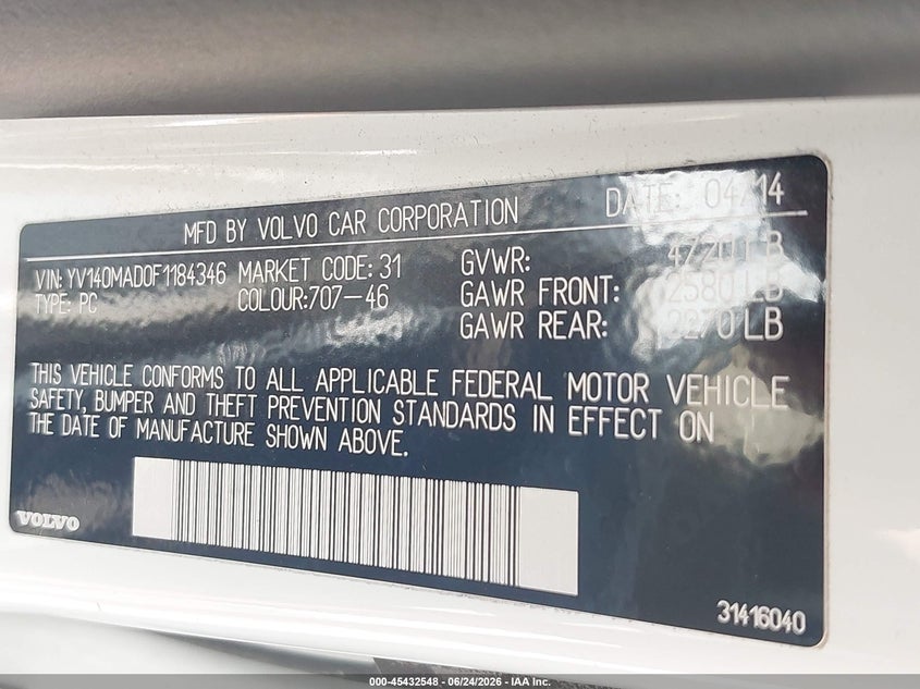 2015 Volvo S80 T5 Platinum VIN: YV140MAD0F1184346 Lot: 45432548