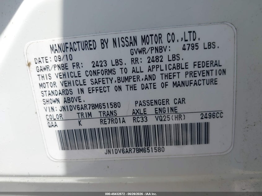 2011 Infiniti G25X VIN: JN1DV6AR7BM651580 Lot: 45432572