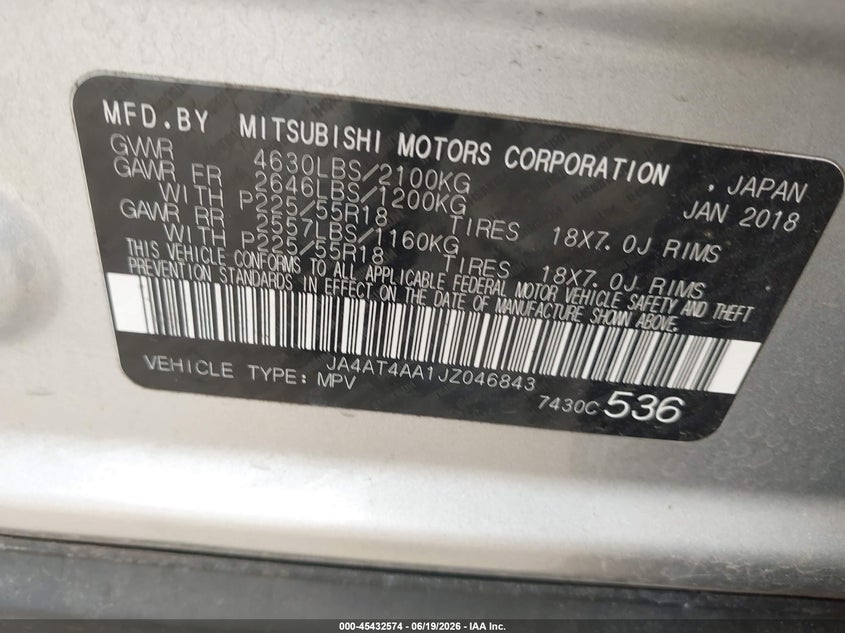 2018 Mitsubishi Eclipse Cross Le VIN: JA4AT4AA1JZ046843 Lot: 45432574