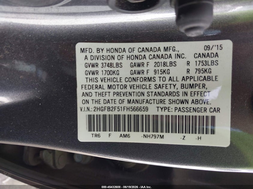 2015 HONDA CIVIC auction photo 8