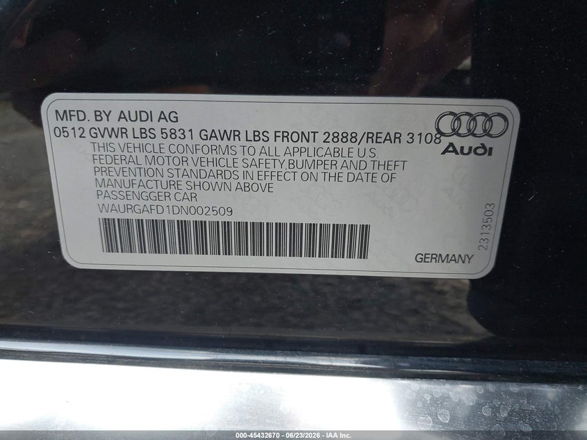 2013 Audi A8 L 3.0T VIN: WAURGAFD1DN002509 Lot: 45432670